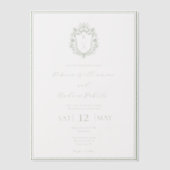 Elegante Witte & Sage Groene Crest Monogram Huweli Vellum Uitnodigingen (Voorkant)