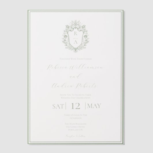 Elegante Witte & Sage Groene Crest Monogram Huweli Vellum Uitnodigingen (Voorkant)