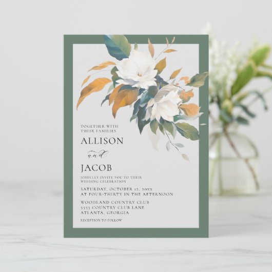 Elegante witte salie groen bloemenbruiloft uitnodi kaart (Staand voorkant)