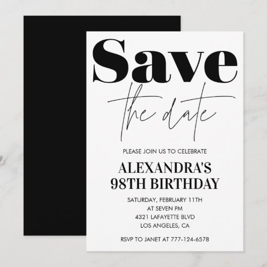 Elegante witte Save the date 98e verjaardag Kaart (Voorkant / Achterkant)