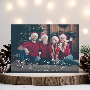 Elegante witte script familiefoto feestdagenkaart