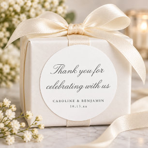 Elegante witte script huwelijksdoos bedankt ronde sticker