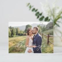 Elegante witte script huwelijksfoto bedankje 