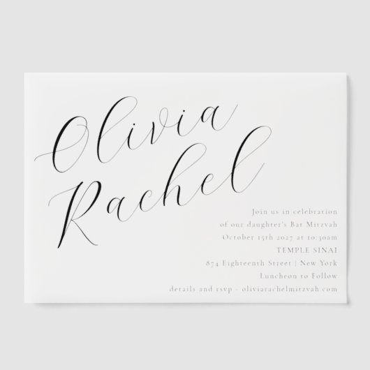 Elegante witte script kalligrafie Bat Mitzvah Vellum Uitnodigingen (Voorkant)