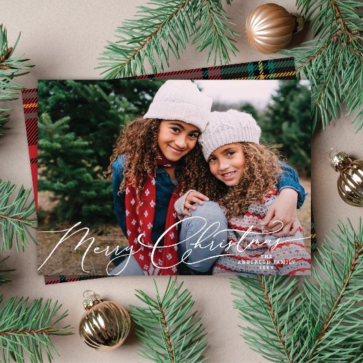 Elegante witte script kerstfoto feestdagenkaart