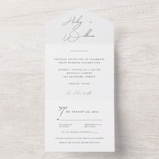 Elegante witte script minimalist alles-in-één trou all in one uitnodiging (Binnen)