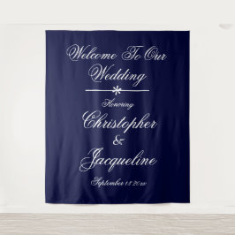 Elegante witte script navyblauwe huwelijksfeest wandkleed