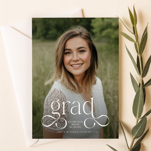 Elegante witte script overlay foto afstuderen briefkaart