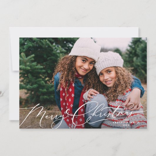 Elegante witte script Prettig kerstfeest foto Feestdagenkaart (Voorkant)