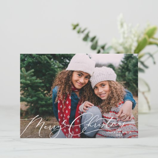 Elegante witte script Prettig kerstfeest foto Feestdagenkaart (Staand voorkant)