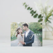 Elegante witte script trouwfoto dank je wel briefkaart (Staand voorkant)