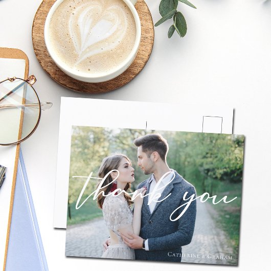 Elegante witte script trouwfoto dank je wel briefkaart