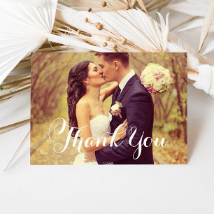 Elegante witte script trouwfoto dankjewel bedankkaart