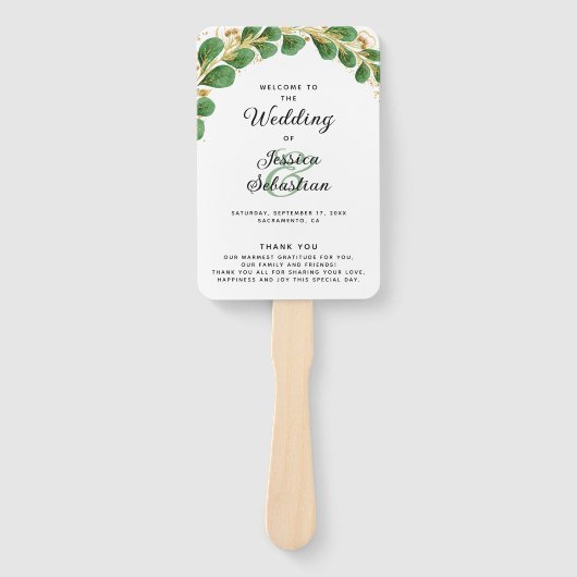 Elegante witte smaragd eucalyptus bruiloft program handwaaier (Voorkant)