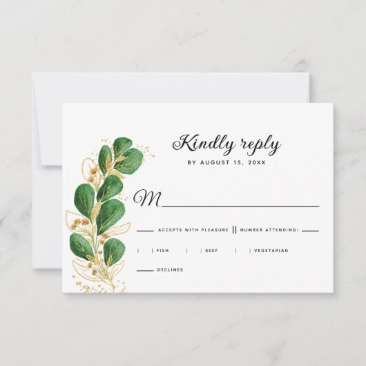 Elegante witte smaragdgroene eucalyptus bruiloft RSVP kaartje (Voorkant)
