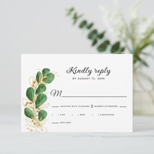 Elegante witte smaragdgroene eucalyptus bruiloft RSVP kaartje (Staand voorkant)