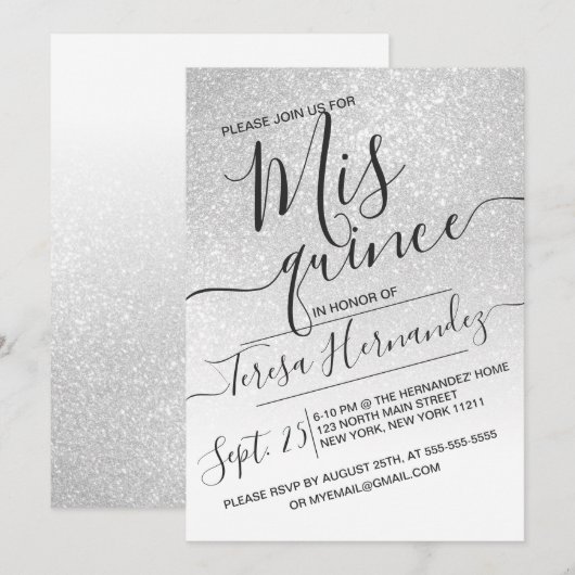 Elegante witte sprankelende glitter Ombre Quinceañ Kaart (Voorkant / Achterkant)