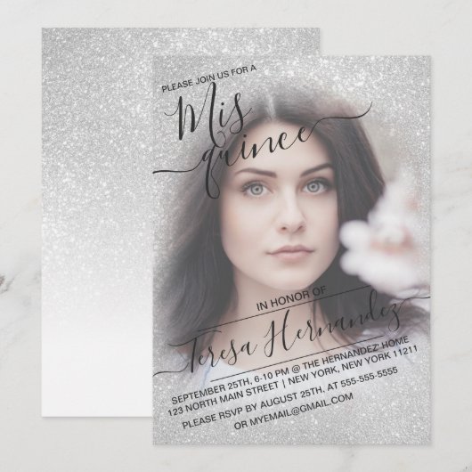 Elegante witte sprankelende glitterfoto Quinceañer Kaart (Voorkant / Achterkant)