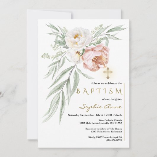 Elegante witte stoffige roos bloemenboeket doop kaart (Voorkant)