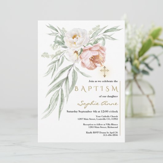 Elegante witte stoffige roos bloemenboeket doop kaart (Staand voorkant)