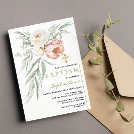 Elegante witte stoffige roos bloemenboeket doop kaart