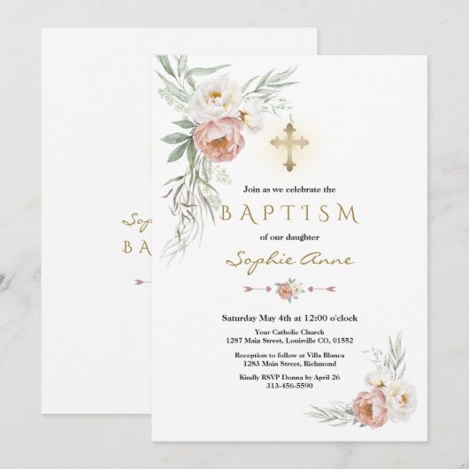 Elegante witte stoffige Rozen kruisdoop Kaart (Voorkant / Achterkant)