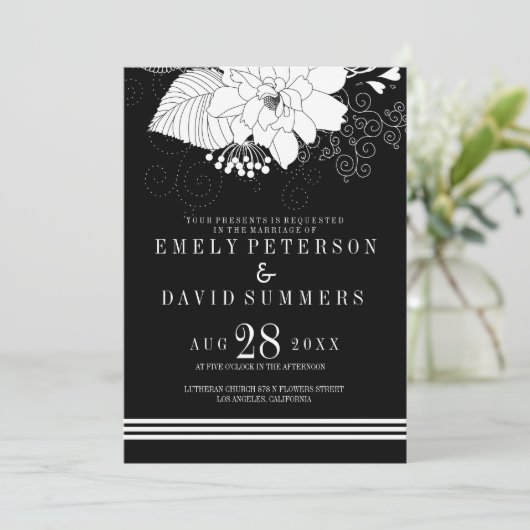 Elegante witte strepen en bloemen bruiloft kaart (Staand voorkant)