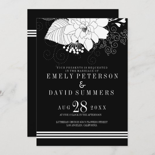 Elegante witte strepen en bloemen bruiloft kaart (Voorkant / Achterkant)