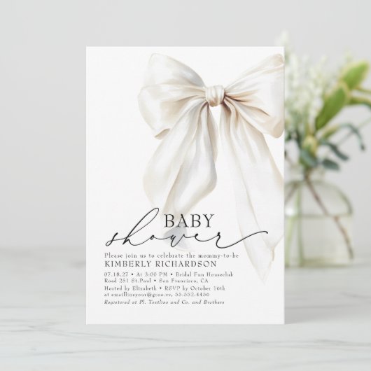 Elegante witte strik baby shower chic crème kaart (Staand voorkant)