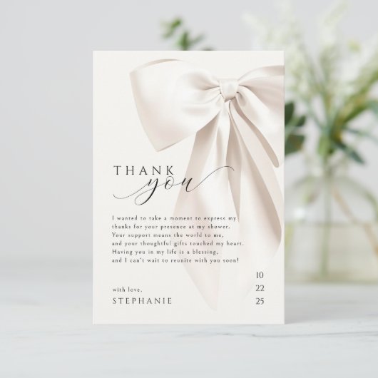 Elegante witte strik bruidsdouche bedankkaart (Staand voorkant)