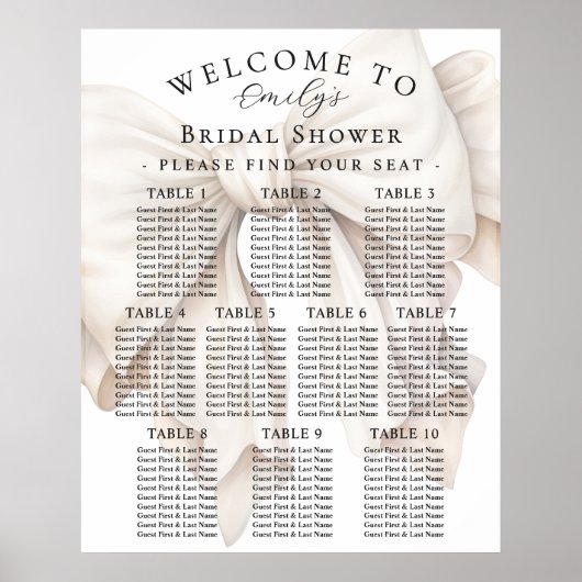 Elegante Witte Strik Bruidsfeest Zittijd Chart Poster (Voorkant)