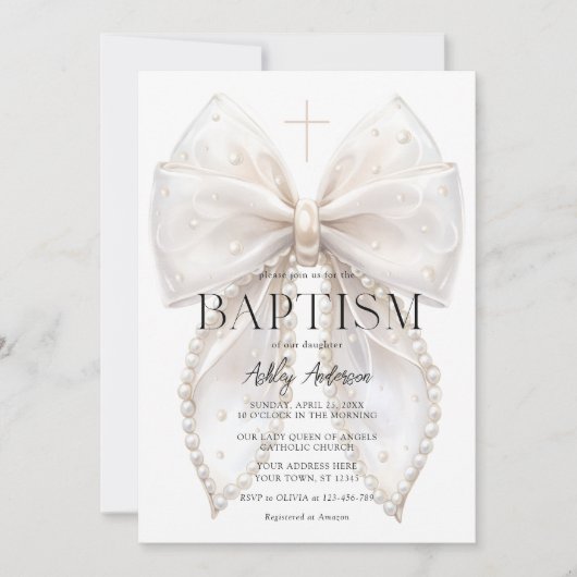 Elegante witte strik doopmeisje uitnodiging (Voorkant)