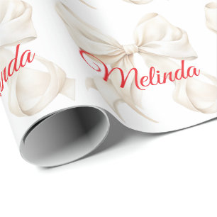 Elegante Witte Strik rode naam Kerstmis Cadeaupapier