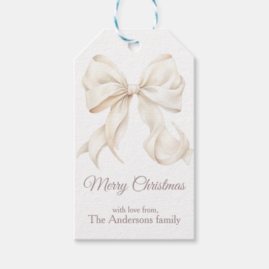 Elegante Witte Strik Vrolijk Kerstfeest Cadeaulabel (Voorkant)