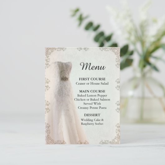 Elegante witte trouwmenu, trouwjurk kaart (Staand voorkant)
