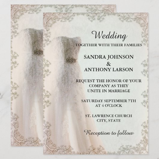 Elegante witte trouwuitnodiging, trouwjurk kaart (Voorkant / Achterkant)