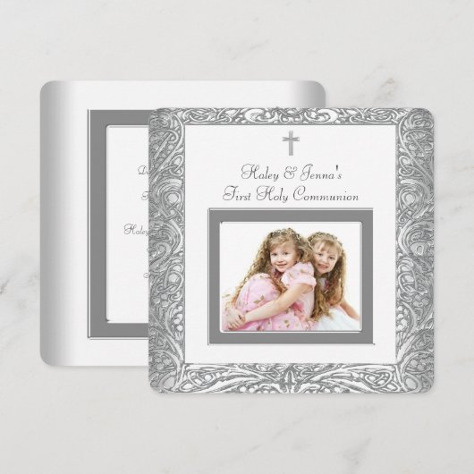 Elegante witte tweeling eerste communie kaart (Voorkant / Achterkant)