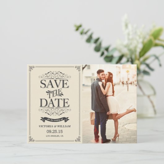 Elegante witte vintage 'Save the Date'-aankondigin Kaart (Staand voorkant)