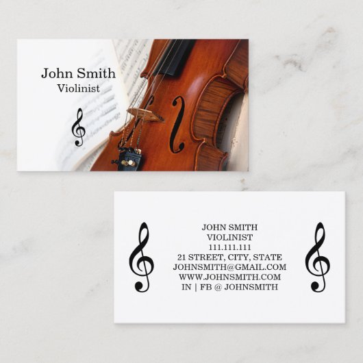 Elegante Witte Viool Violist Visitekaartje (Voorkant / Achterkant)