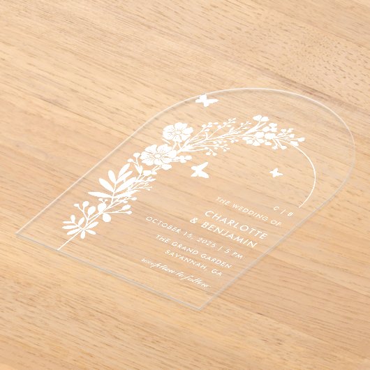 Elegante witte vlinder botanische bruiloft acryl uitnodigingen (Laagn)