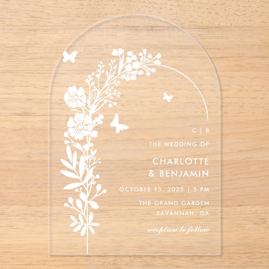Elegante witte vlinder botanische bruiloft acryl uitnodigingen (Voorkant)