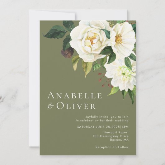 Elegante witte Waterverf bloemengroene bruiloft Kaart (Voorkant)