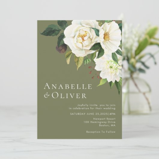 Elegante witte Waterverf bloemengroene bruiloft Kaart (Staand voorkant)