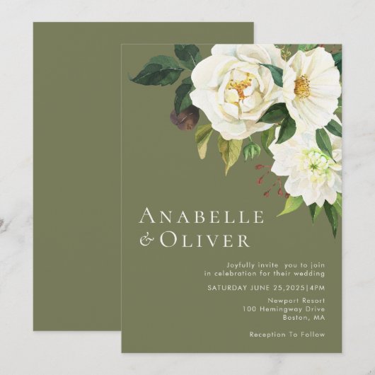 Elegante witte Waterverf bloemengroene bruiloft Kaart (Voorkant / Achterkant)