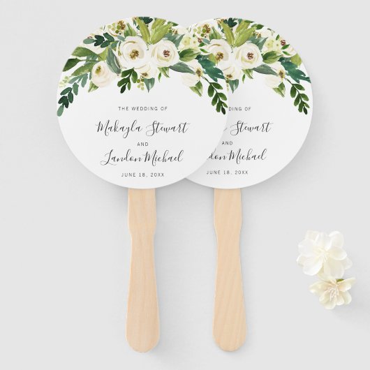 Elegante witte waterverf bloemige groene bruiloft handwaaier (Voorkant en achterkant)