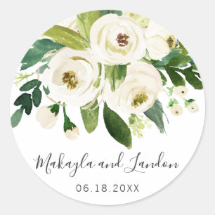 Elegante witte waterverf bloemige trouwgunst ronde sticker
