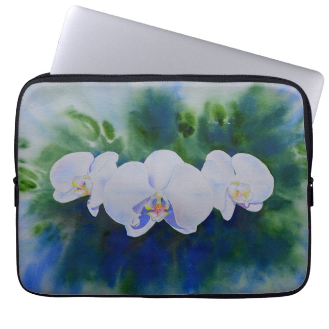 Elegante witte waterverf tropische boho orchideeën laptop sleeve (Voorkant)