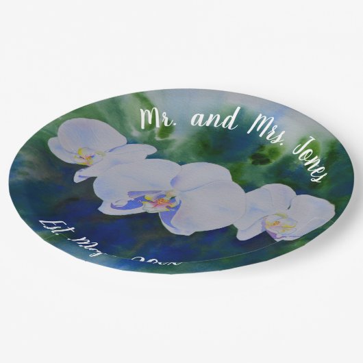 Elegante witte waterverf tropische boho orchideeën papieren bordje (Gekanteld)
