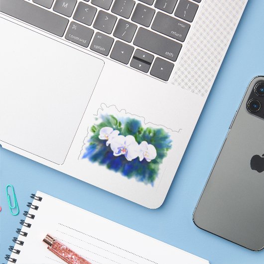 Elegante witte waterverf tropische boho orchideeën sticker (Laptop met iPhone)