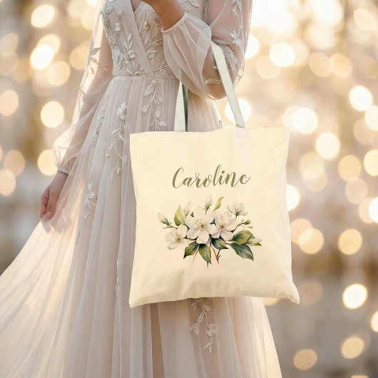 Elegante witte waterverfappelbloesem naam tote bag